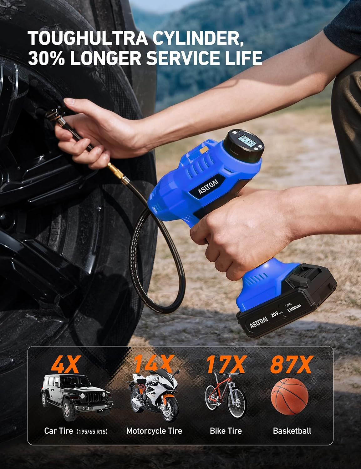 Astroai Cordless Tire Inflator Air Compressor 20V Rechargeable Battery Powered 160PSI Portable Handheld Air Pump with 12V Car Power Adapter Digital Pressure Gauge for Cars Motorcycles Blue