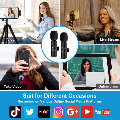 Dual Wireless Lavalier Microphone for Iphone Clip-On Mini Lapel Mics with Clip for Vlog, Youtube, Online Class