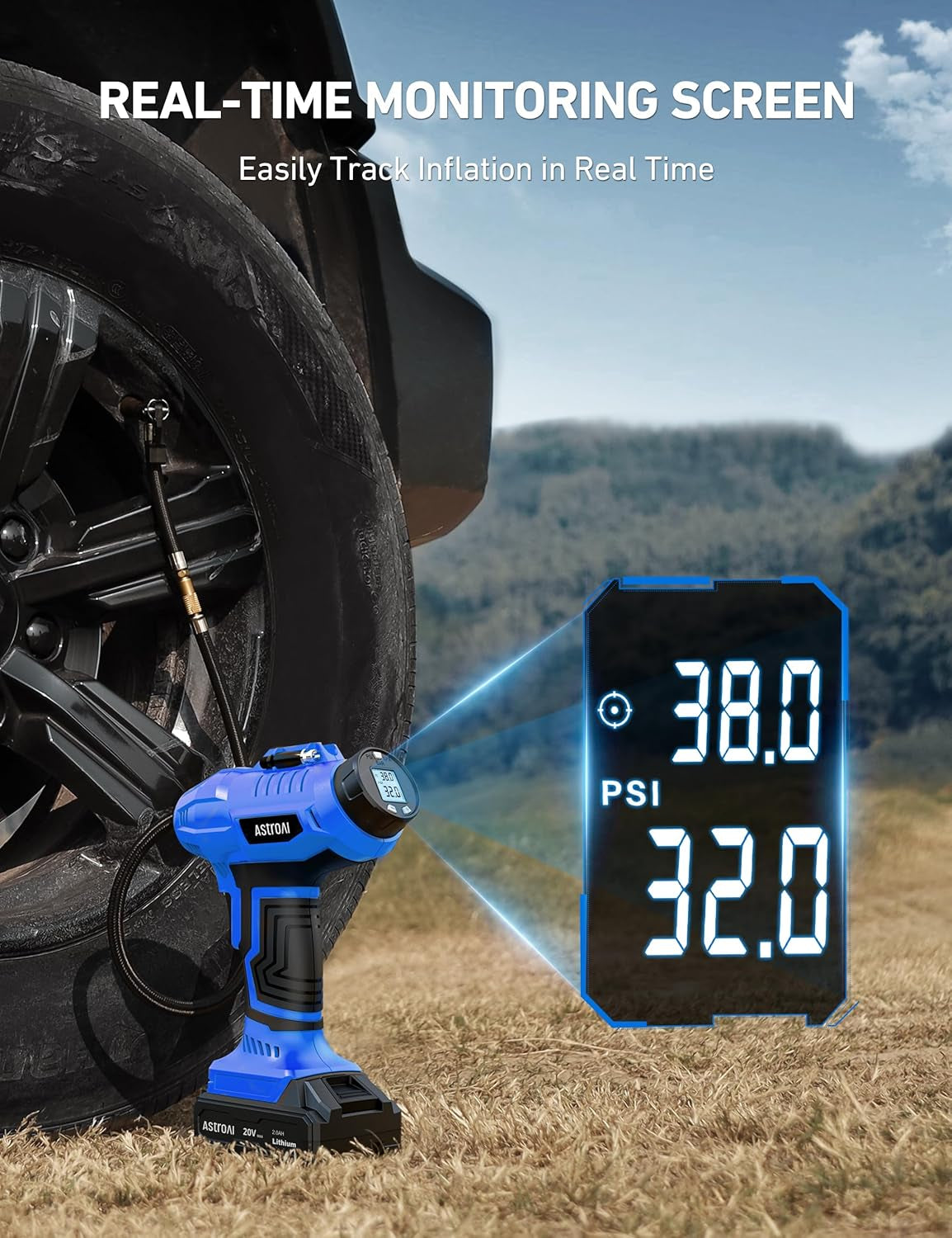 Astroai Cordless Tire Inflator Air Compressor 20V Rechargeable Battery Powered 160PSI Portable Handheld Air Pump with 12V Car Power Adapter Digital Pressure Gauge for Cars Motorcycles Blue