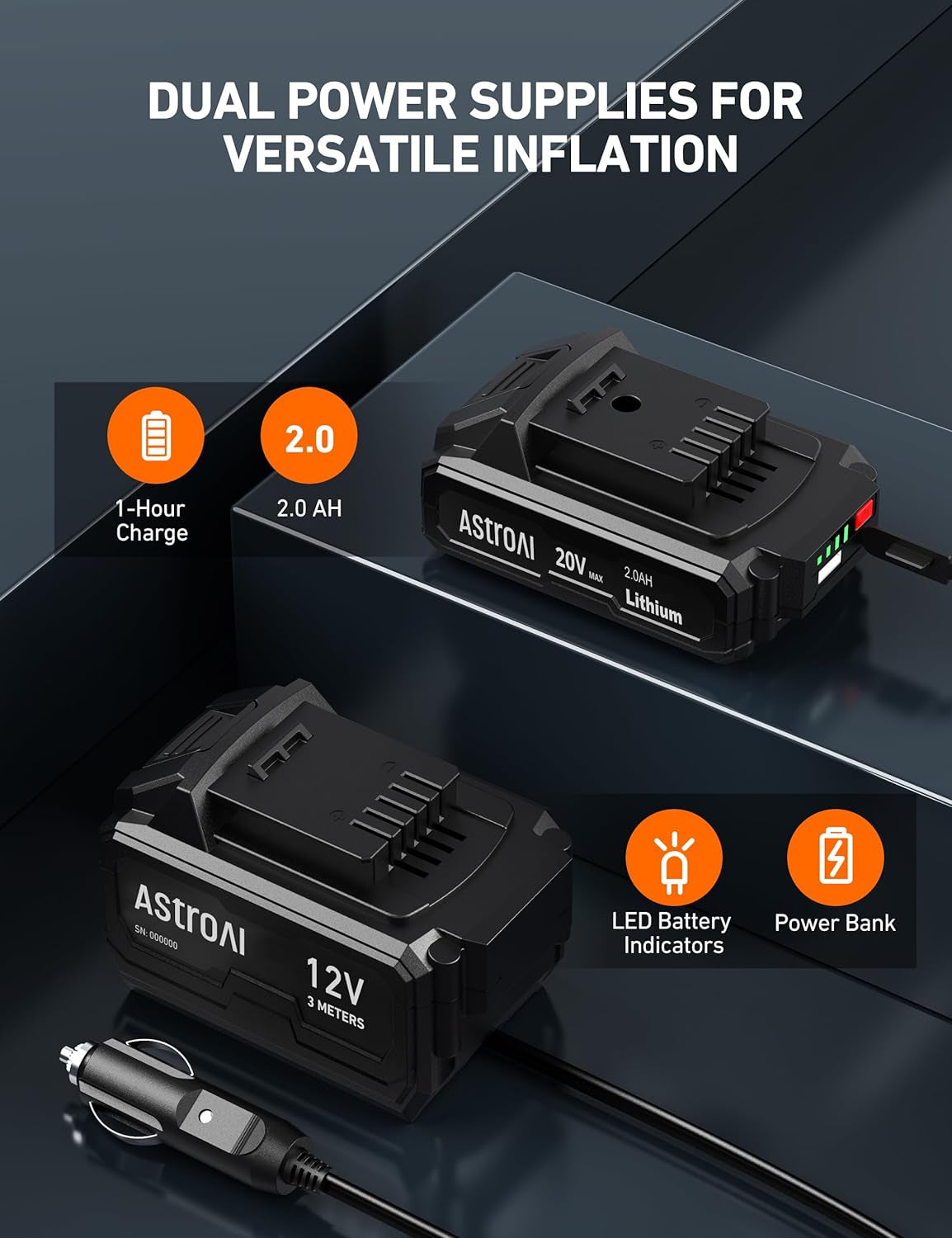 Astroai Cordless Tire Inflator Air Compressor 20V Rechargeable Battery Powered 160PSI Portable Handheld Air Pump with 12V Car Power Adapter Digital Pressure Gauge for Cars Motorcycles Blue