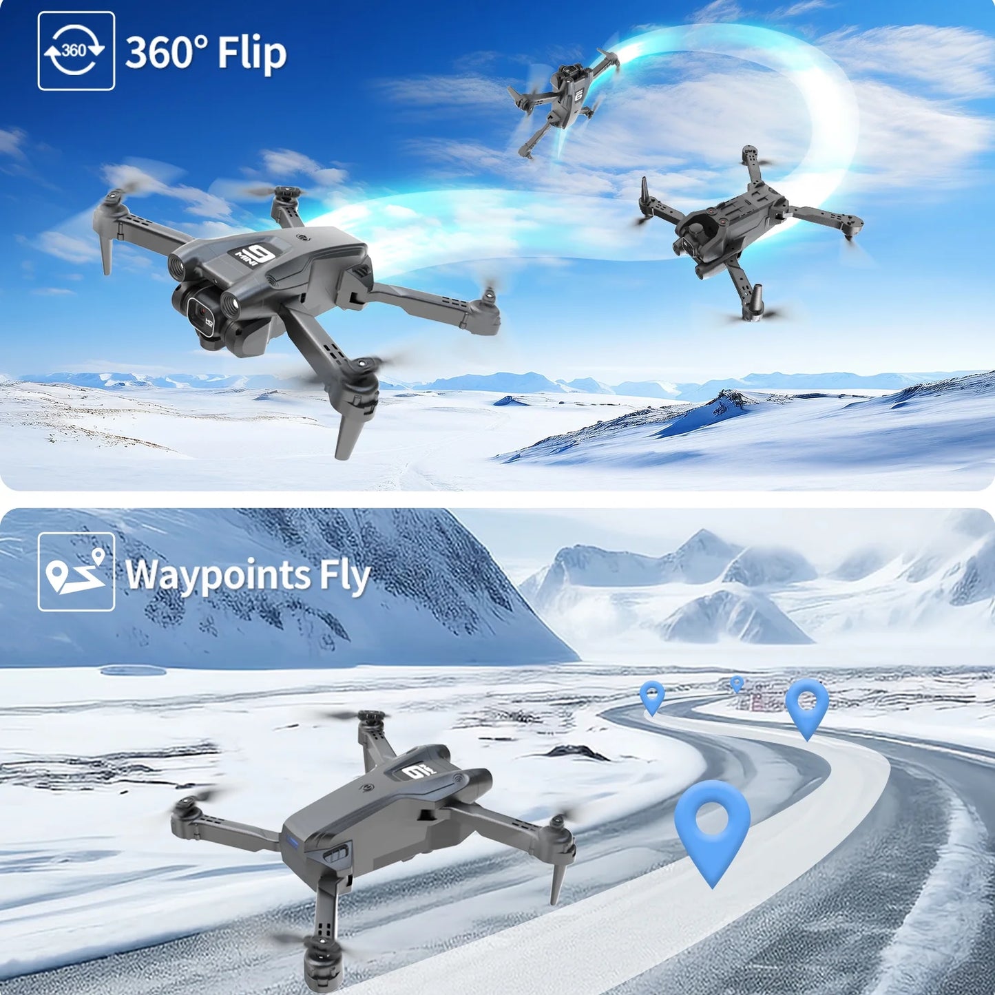 Foldable Drone with 1080P HD FPV Camera, WiFi RC Quadcopter, 360° Flip, Waypoint Flight, Suitable for Kids, Adults, and Beginners, Black, Includes 2 Batteries